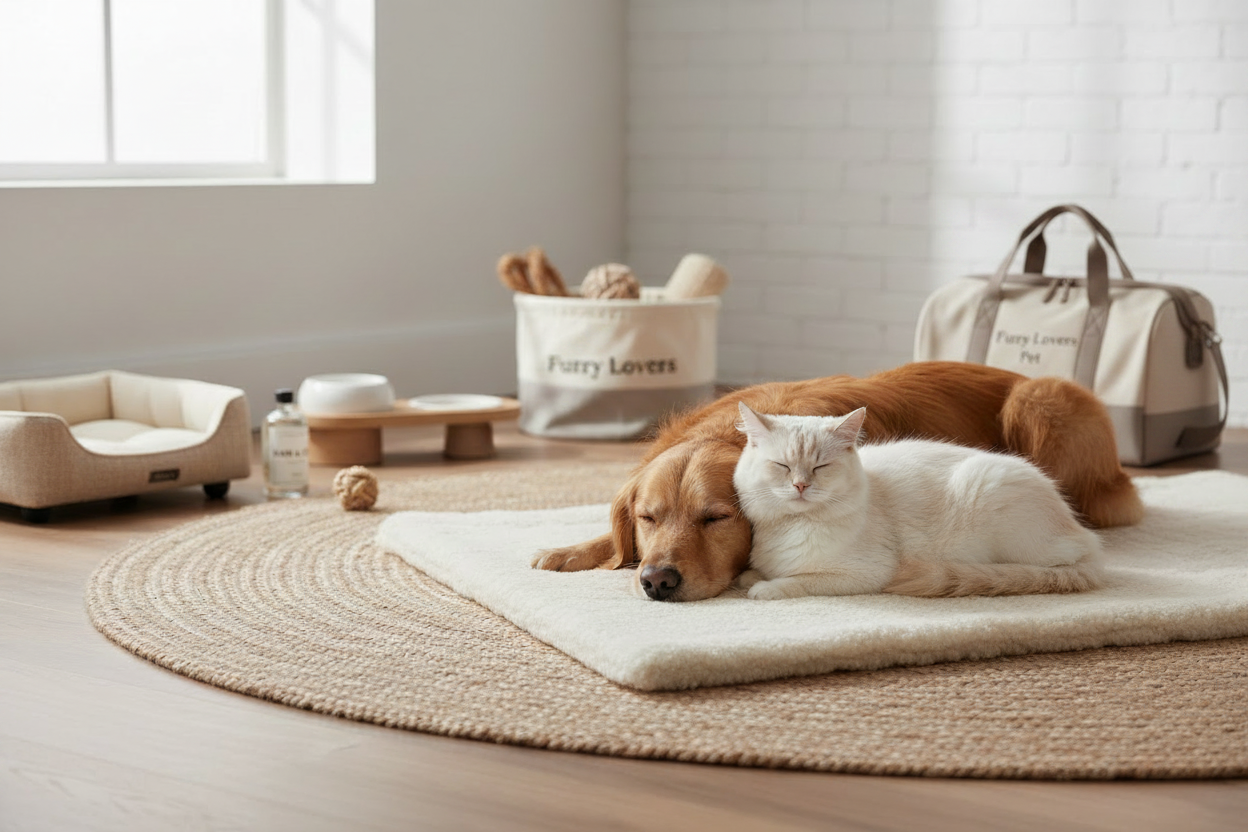 A golden retriever and white cat resting together surrounded by premium FurryLoversPet accessories