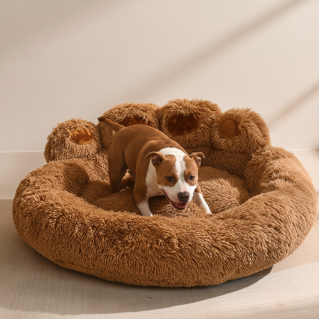 Pitbull subiendo a su cama